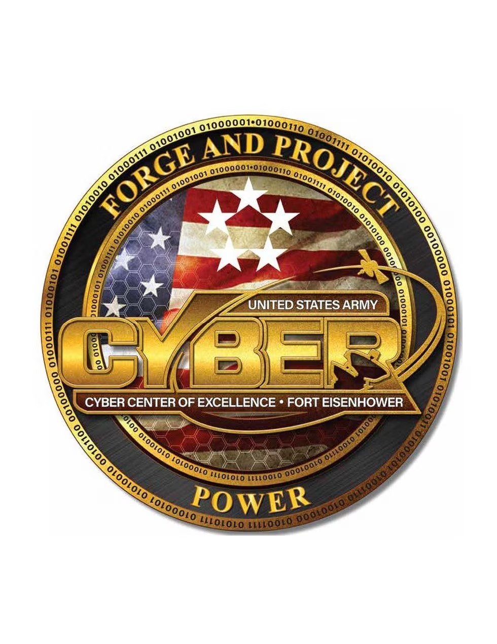 Logo des United States Army Cyber Center of Excellence auf Fort Eisenhower, das einen blauen Kreis mit einem weißen Stern und den Text "Forge and Project Cyber Power" darunter zeigt.