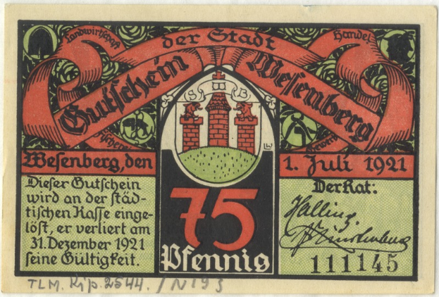 Eine alte deutsche Banknote mit einem Gebäude darauf, auf der der Text 'Bundesliga' und ein Logo unten steht, vor einem weißen Hintergrund.