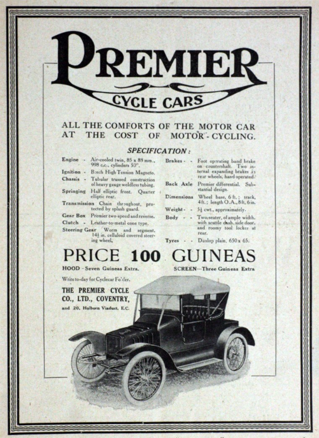 Ein schwarzes klassisches Auto mit einem schlanken, modernen Design ist in einer Werbung für Premier Cycle Cars zu sehen, mit fetter weißer Schrift, die "Premier Cycle Cars" darüberliest.