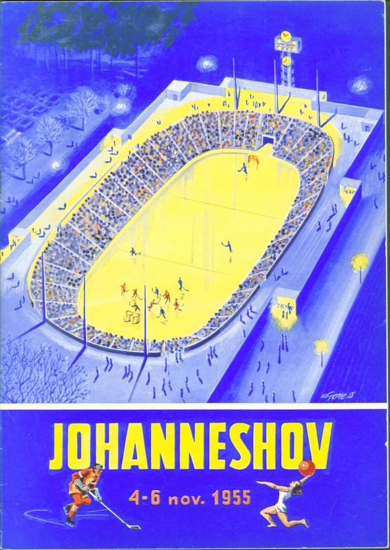 Plakat für ein 1955er Hockey-Spiel in Johannesburg, Südafrika, das ein volles Stadion mit Bäumen und Lichtern, Text und Zahlen zeigt.