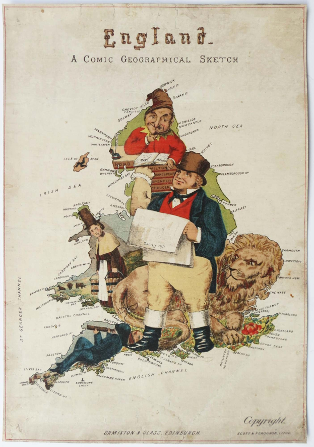 Ein buntes Comic-Stil-Plakat mit der Aufschrift 'England: Eine Comic-Geographische Skizze', das cartoonartige Menschen, realistische Tiere und verschiedene Textelemente zeigt.