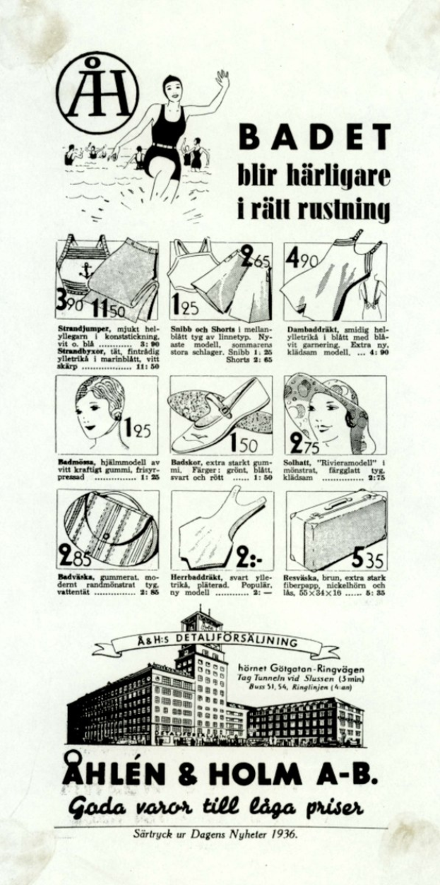 Anzeige für einen weißen und blauen gestreiften Bikini mit einer Frau mit Pferdeschwanz, direktem Blick und leicht geöffneten Lippen, umgeben von Bildern von Menschen, modernen Hochhäusern und fetter Schrift.