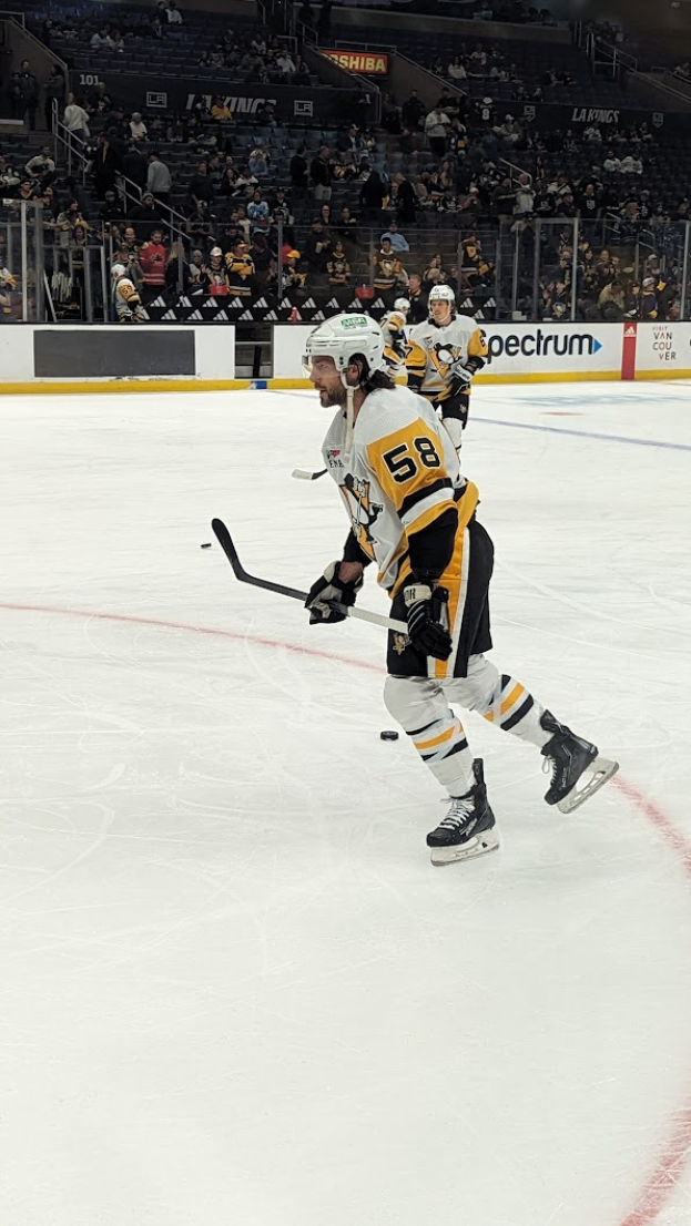 Ein Eishockeyspieler auf dem Eis mit einem Stock in der Hand, der einen Helm, Handschuhe und Turnschuhe trägt, mit Zuschauern auf den Tribünen und Text auf den Werbetafeln im Hintergrund.