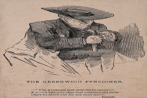 Ein älterer Mann mit Hut sitzt auf einem Stuhl und hält ein Objekt, mit der Beschriftung "The Greenwich Pensioner" unten.