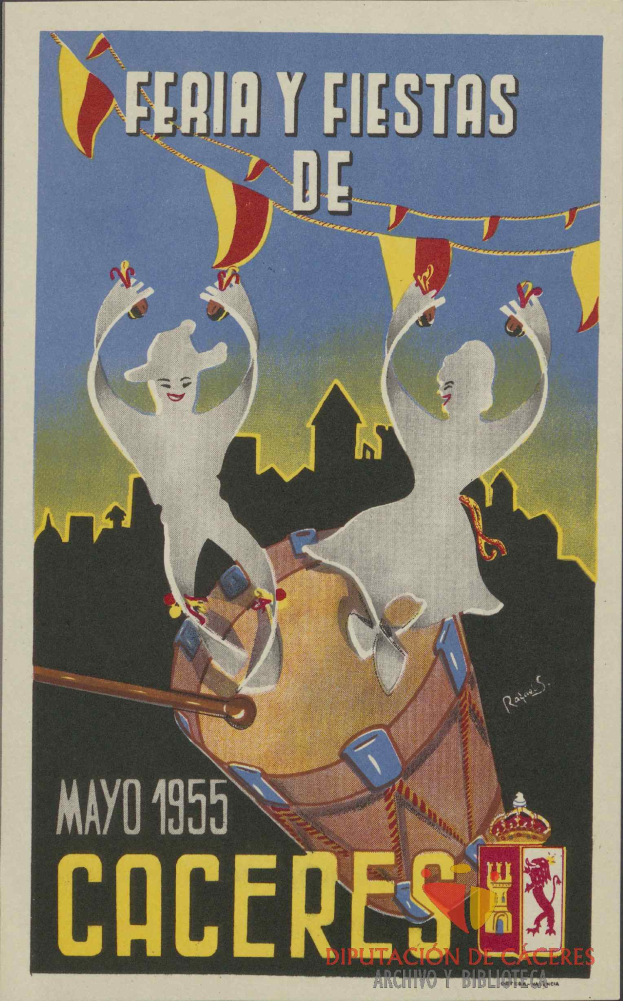 Ein buntes Plakat, das die Karnevalsfeierlichkeiten 'Feria y Fiestas de Caceres' in Caceres, Spanien, ankündigt, mit Menschen in traditioneller Kleidung, einem hellgelben Hintergrund und Veranstaltungseinzelheiten.