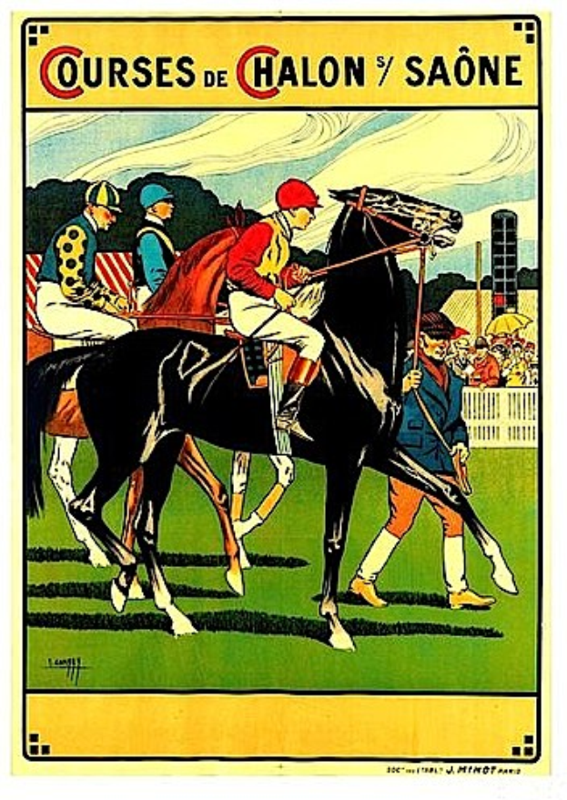 Plakat, das ein Pferderennen mit Jockeys auf Pferden zeigt, umgeben von einer Menge hinter einem Zaun, mit Bäumen und einem bewölkten Himmel im Hintergrund und Text, der die Rennstrecken beschreibt.