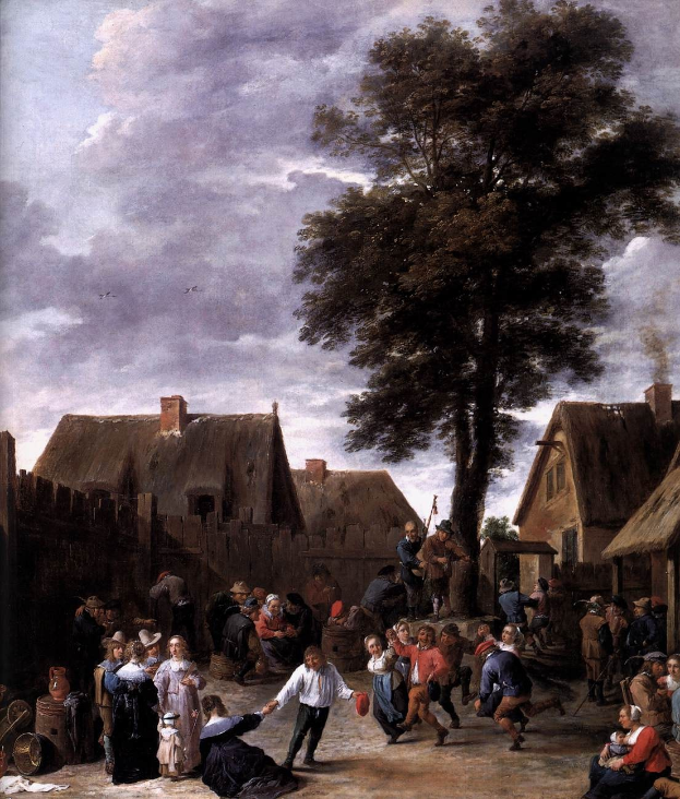 Gemälde mit dem Titel "Der Tanz im Dorf" von Jan Brueghel dem Jüngeren, das einen Dorfplatz mit Menschen, Häusern, Bäumen, einem Holzzaun, einer bewölkten Himmel und fliegenden Vögeln zeigt.