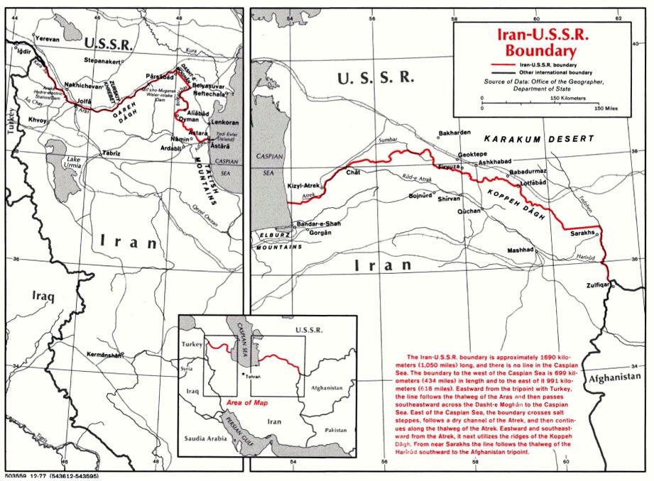 Detailierte Karte der iranisch-sowjetischen Grenze mit geografischen Merkmalen und Grenzinformationen.