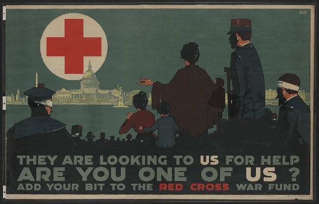 Plakat mit einer Gruppe von Menschen vor einem Geböude mit einem roten Kreuz, das die Zuschauer dazu aufruft, für das Rote Kreuz-Kriegsfonds zu spenden.