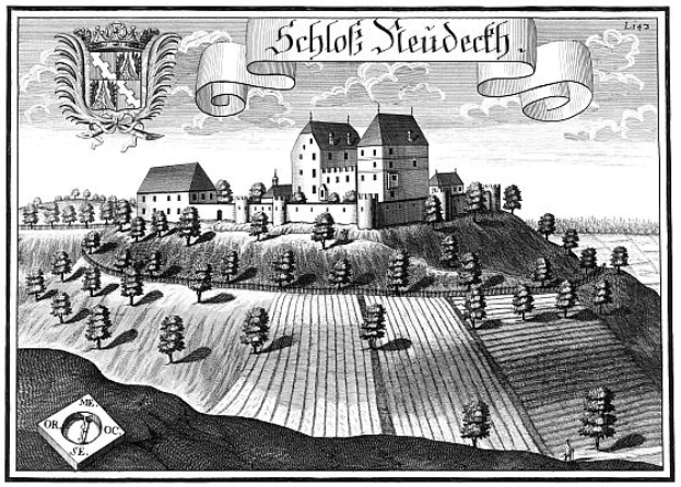 Eine Schwarz-Weiß-Radierung eines Schlosses in einem Feld, umgeben von Bäumen und Pflanzen, mit dem Text "Schlof Steideeth, Germany" oben.