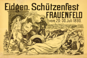 Ein Vintage-Plakat f├╝r das Eidgen├čen Sch├╝tzenfest in Frauenfeld, Deutschland, mit einem Mann in einem Anzug und einer Frau in einem Kleid nebeneinanderstehend, mit Text, der die Ereignisinformationen enth├Ąlt.