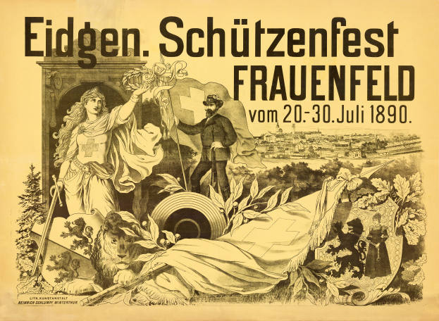 Ein Vintage-Plakat f├╝r das Eidgen├čen Sch├╝tzenfest in Frauenfeld, Deutschland, mit einem Mann in einem Anzug und einer Frau in einem Kleid nebeneinanderstehend, mit Text, der die Ereignisinformationen enth├Ąlt.