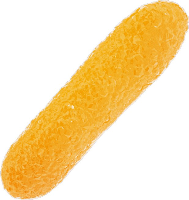 Ein leuchtend orangefarbenes, gelatineartiges Gummibärchen auf einem weißen Hintergrund.