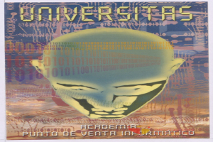 Plakat mit einem kahlköpfigen Mann mit breitem, geschlossenem Mundgrinsen, geschlossenen Augen, umgeben von Text und Zahlen, mit "Universitas" in fetter schwarzer Schrift.