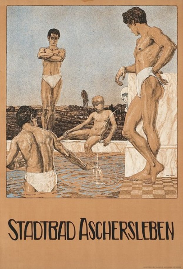 Plakat, das ein Schwimmbad in Aschersleben, Deutschland, bewirbt und Menschen im Wasser zeigt sowie Text über die Einrichtungen des Bades.
