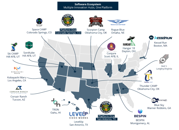 Eine Karte der Vereinigten Staaten, auf der Logos verschiedener Unternehmen innerhalb des Software-Ökosystems angezeigt werden, mit Text, der die Unternehmen und ihre Standorte beschreibt.