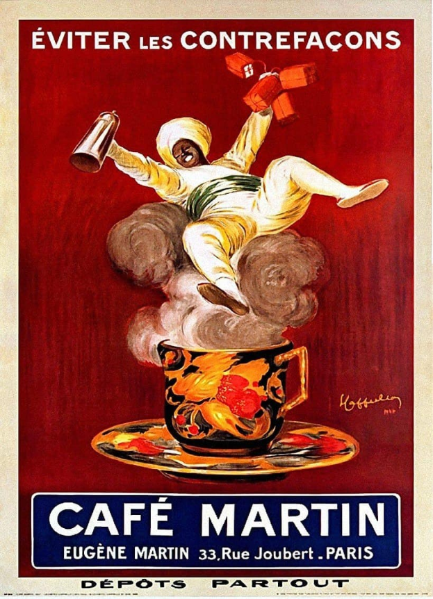 Plakat, das das Cafe Martin in Paris bewirbt, mit einer Person, die eine Tasse Kaffee hält und "Cafe Martin" in fetter Schrift darüber.