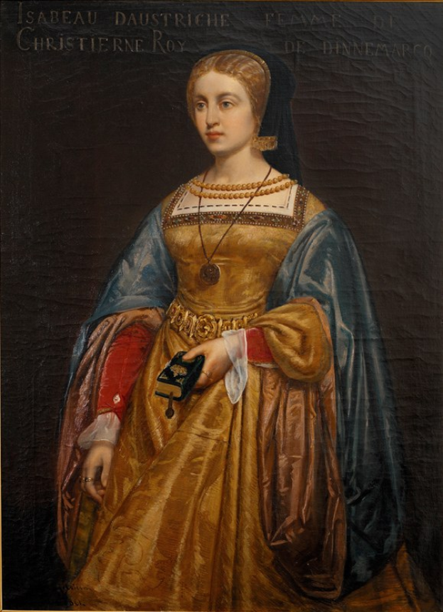 Gemälde von Isabella daustriche in einem goldenen Kleid mit detaillierten Verzierungen, ihr Haar zu einem ordentlichen Knoten gebunden, von Christierne Roy, das eine friedliche und würdige Miene zeigt.