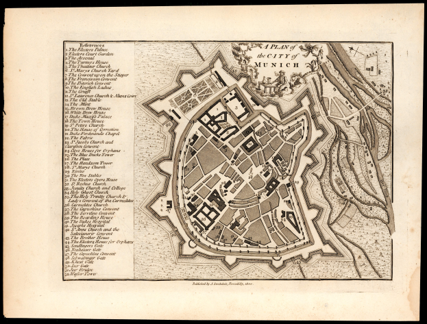 Ein altes Stadtplan von München, Deutschland, auf einem schwarzen Hintergrund, der Straßen, Gebäude und Sehenswürdigkeiten mit beschrifteten Text zeigt.