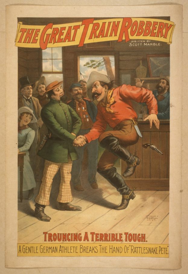 Plakat zeigt eine Gruppe von Menschen, die drinnen stehen, wobei einer eine Waffe hält, ein Fenster und eine Wand im Hintergrund und Text, der "The Great Train Robbery - Trouching a Terrible Tough" oben und unten lautet.