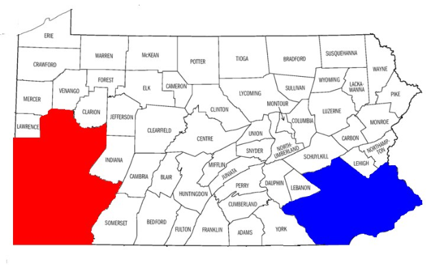 Eine Karte von Pennsylvania, die Ergebnisse der Landkreiswahlen zeigt, mit Landkreisen in rot und blau hervorgehoben und beschriftet mit "Pennsylvania Election Results".