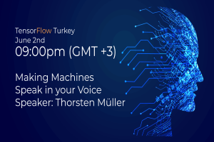 Ein blauer Hintergrund mit einem Personenbild auf der rechten Seite und Text auf der linken Seite, der "Mit Thorsten Müller Maschinen in Ihrer Stimme sprechen lassen" lautet.