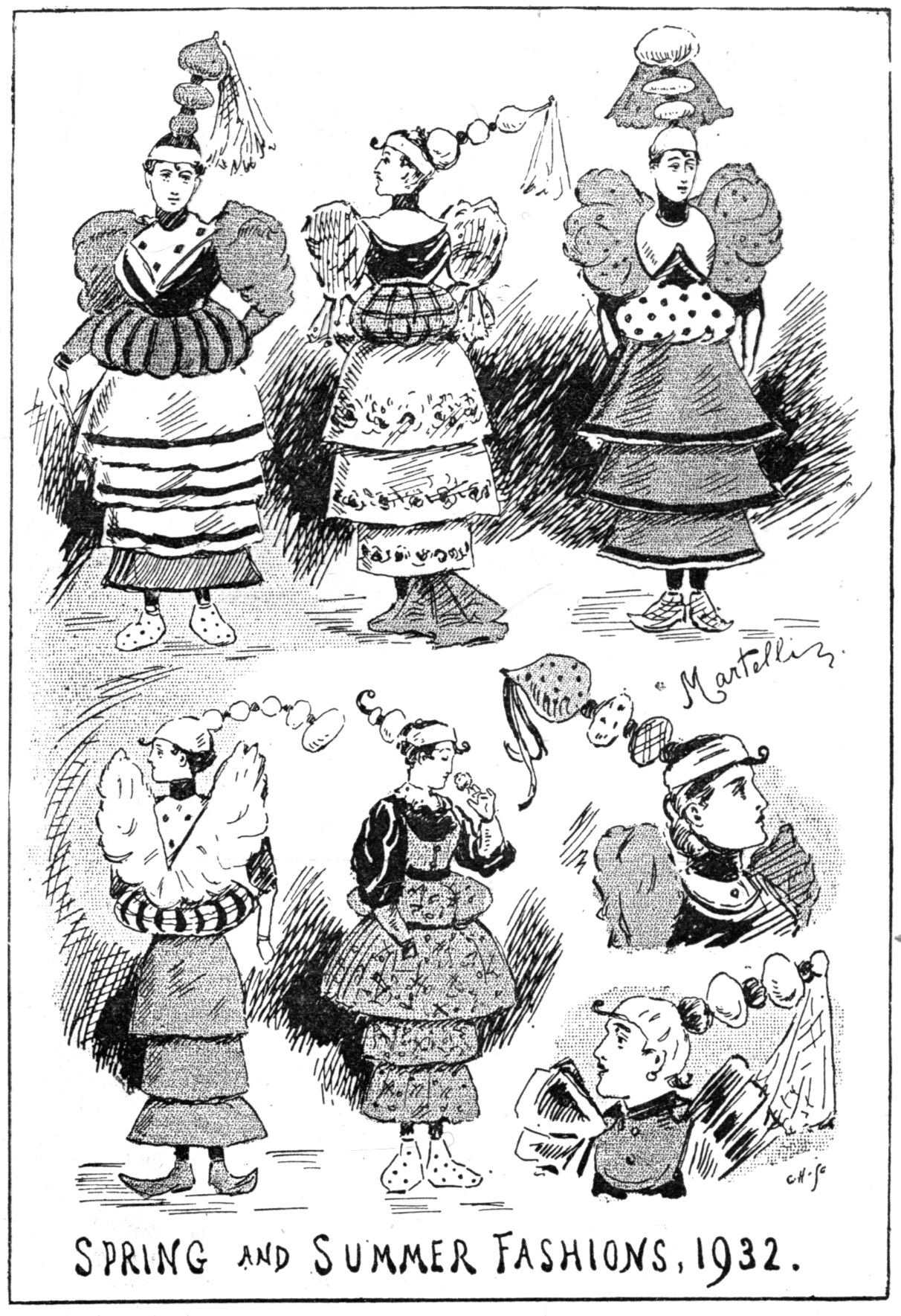 Schwarz-weiß-Illustration von Frauen in Frühjahrs- und Sommerkleidern aus dem Jahr 1932, begleitet von beschreibendem Text.