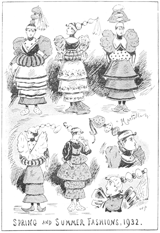 Schwarz-weiß-Illustration von Frauen in Frühjahrs- und Sommerkleidern aus dem Jahr 1932, begleitet von beschreibendem Text.