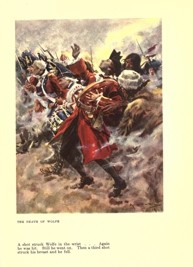 Ein Plakat mit der Aufschrift "Der Tod von Wolfe", das eine Gruppe besorgter Menschen zeigt, einige schauen ängstlich nach oben und andere traurig nach unten, mit gedämpften Farben, die eine melancholische Stimmung schaffen.