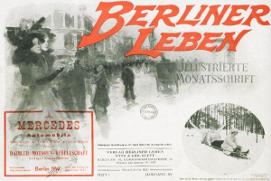 Eine Werbung f├╝r ein Mercedes-Benz-Fahrzeug in Berlin, Deutschland, mit einer Gruppe von Menschen, B├Ąumen, Geb├Ąuden, Text und einem Stempel.