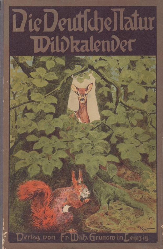 Titelbild eines Buches namens "Die Deutsches Hatur Wildkalender" mit einer Illustration eines Rehs und eines Eichhörnchens in einem Waldgebiet.