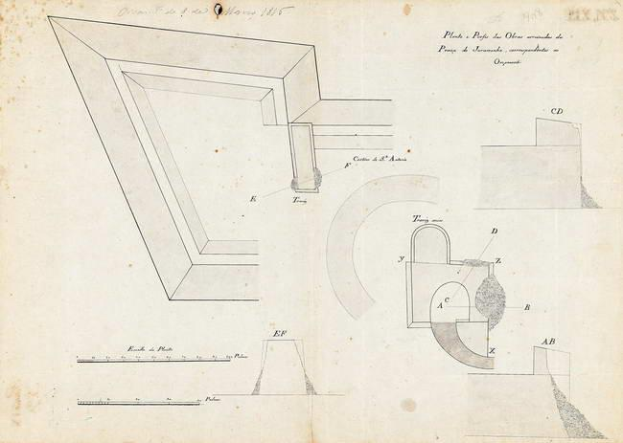 Eine Seite aus einem Buch mit einem detaillierten architektonischen Plan einer Opernäckecke mit einem Loch von 1845, begleitet von Text und zusätzlichen Zeichnungen.