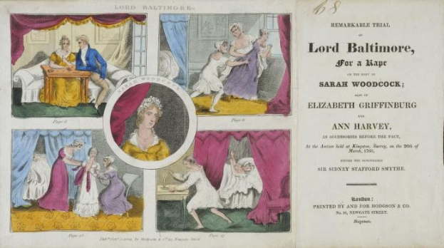 Illustration einer historischen Gerichtsszene, die den Prozess von Lord Baltimore wegen Vergewaltigung zeigt, einschließlich eines Papiers mit Porträts, Vorhängen und Text.