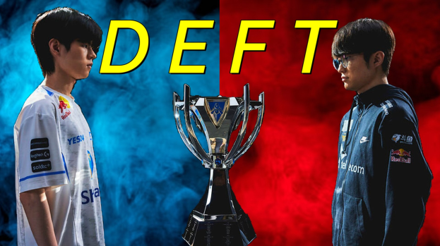 Zwei Männer stehen nebeneinander vor einem roten und blauen Hintergrund mit einer Trophäe dazwischen; der Mann links trägt ein weißes T-Shirt und der Mann in der Mitte trägt eine Brille, mit dem Text "League of Legends vs League of Legends."