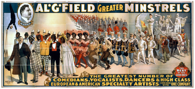 Ein Plakat für Algfield Greater Minstrels mit einer Gruppe von Darstellern, einige mit Musikinstrumenten, und Text mit einem Foto einer Person.