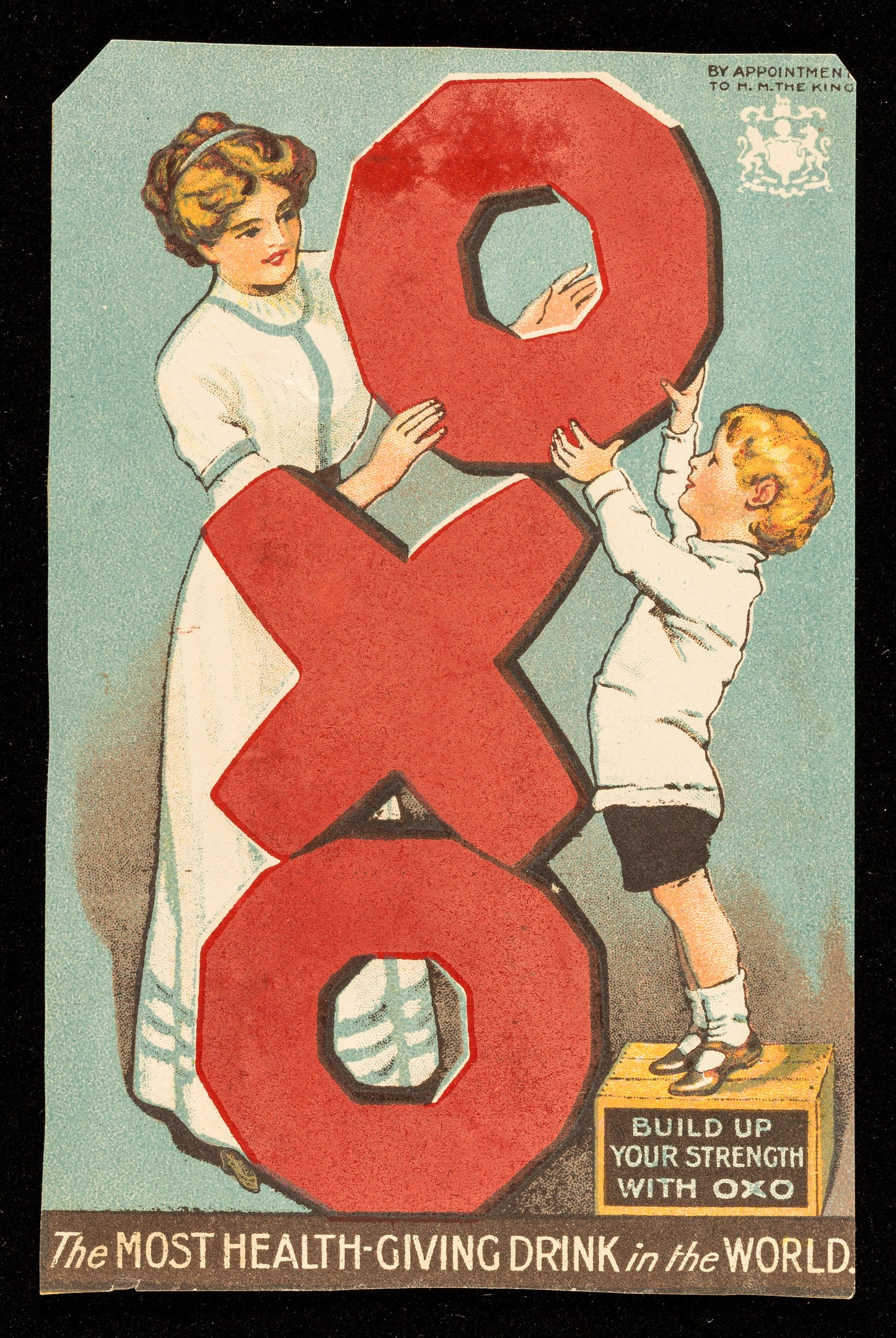 Ein Plakat, das eine Frau und einen Jungen zeigt, die Seite an Seite stehen und jeweils eine große Zahl halten, mit dem Text "Das gesündeste Getränk der Welt" und hellen, fröhlichen Farben.