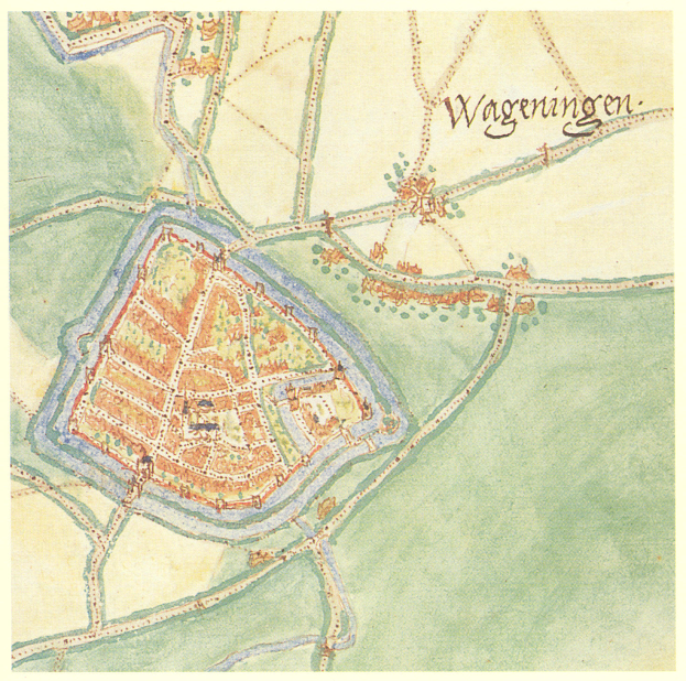 Ein detaillierter Stadtplan von Wageningen, Deutschland, mit Straßen, Gebäuden und Sehenswürdigkeiten mit zusätzlichen Informationen.