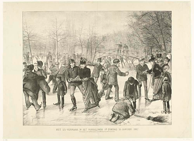 Eine Gruppe von Menschen, die auf einer Eisbahn in einem Park Schlittschuh läuft, mit Bäumen und einer Brücke im Hintergrund, und Text unten, der lautet "Het us-vermaak in het vondelpark op zondag 10 januar 1887".