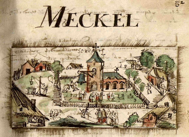 Ein abgenutztes Buch mit einer Skizze einer mittelalterlichen Stadt, einschließlich Häusern, Bäumen und Menschen, begleitet von beschreibendem Text auf der Seite.