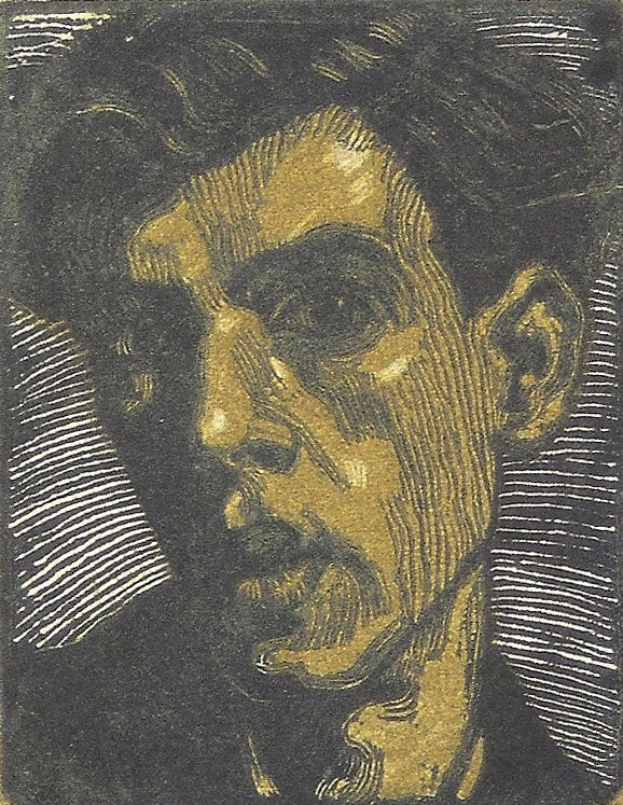 Ein schwarz-goldenes Selbstporträt von Vincent van Gogh mit nachdenklichem Gesichtsausdruck, kurzem dunklen Haar und einfacher Kleidung vor einem gedämpften grauen Hintergrund in einem schwarzen Rahmen.