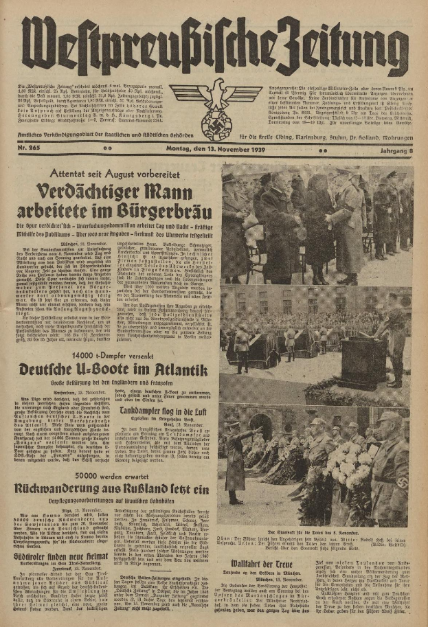 Schwarze-weiße Titelseite einer deutschen Zeitung vom 13. November 1939 mit der Überschrift 'Weitpreubliche Zeitung', die eine Gruppe von Menschen in traditioneller deutscher Kleidung in einer feierlichen Umgebung zeigt.
