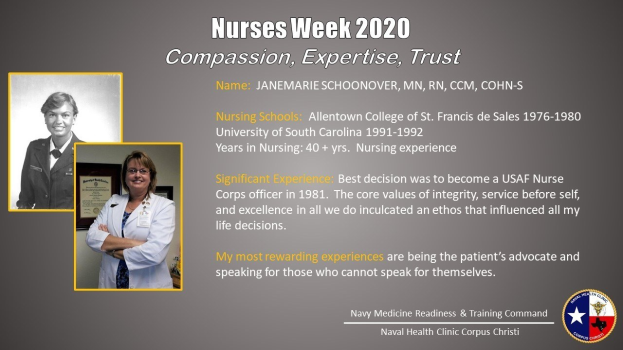 Plakat zur Nurses Week 2020 mit zwei Fotos von Krankenschwestern links und dem Text "Mitgefühl, Expertise, Vertrauen" rechts sowie einem Logo unten rechts.