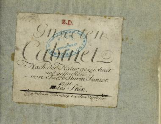 Ein altes Buch mit dem Titel «Z.D. Nürnberg, Deutschland, 1791» mit einem Erstausgabenstempel und handgeschriebenem Text auf dem Papier.