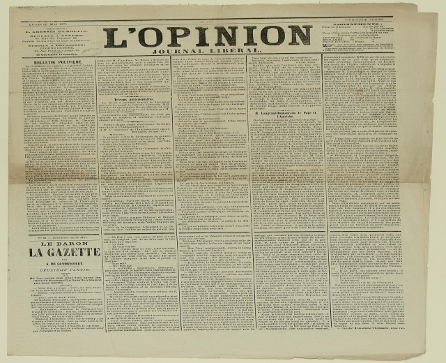 Alte Zeitungsvorderseite mit der Schlagzeile "L'opinion" in schwarzer Tinte auf gelbem Papier.