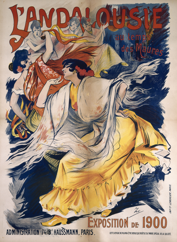 Ein Plakat, das die Landalousie-Ausstellung auf der Weltausstellung Paris 1900 ankündigt, zeigt eine Frau in gelbem Kleid umgeben von Menschen und Text.