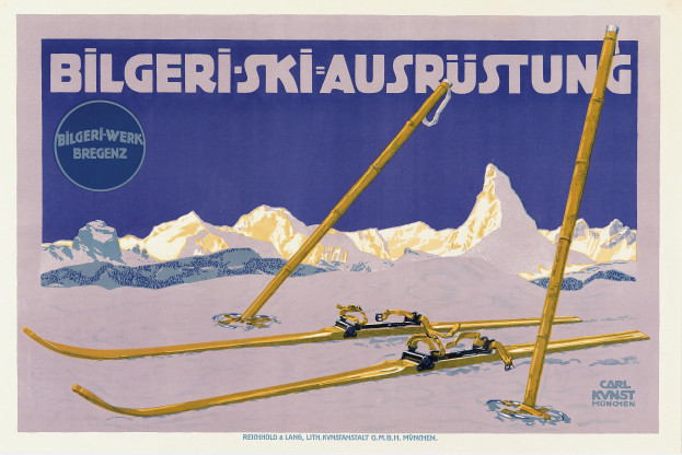 Ein Plakat, das eine Skigebietswerbung in den Schweizer Alpen zeigt, mit einem Paar Skier im Vordergrund und schneebedeckten Bergen im Hintergrund, mit Text, der Informationen über das Skigebiet enthält.