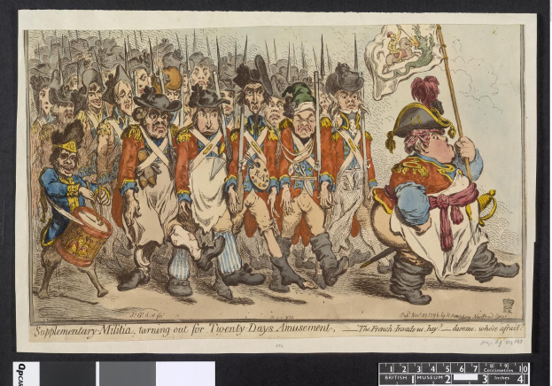 Eine Gruppe von Männern in Militäruniformen marschiert auf einer Straße, einer hält einen Stock in der Hand, mit Text unten: 'Ergänzender Landsturm, Ausmarsch für Zwanzig-Tage-Vergnügen.'