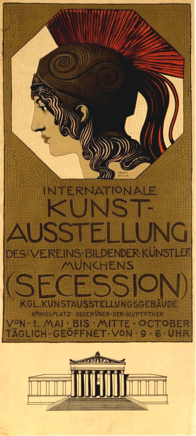 Plakat für die Internationale Kunstausstellung in München, Deutschland, mit einer zentralen figur mit menschlichem Gesicht und Text über das Ereignis.