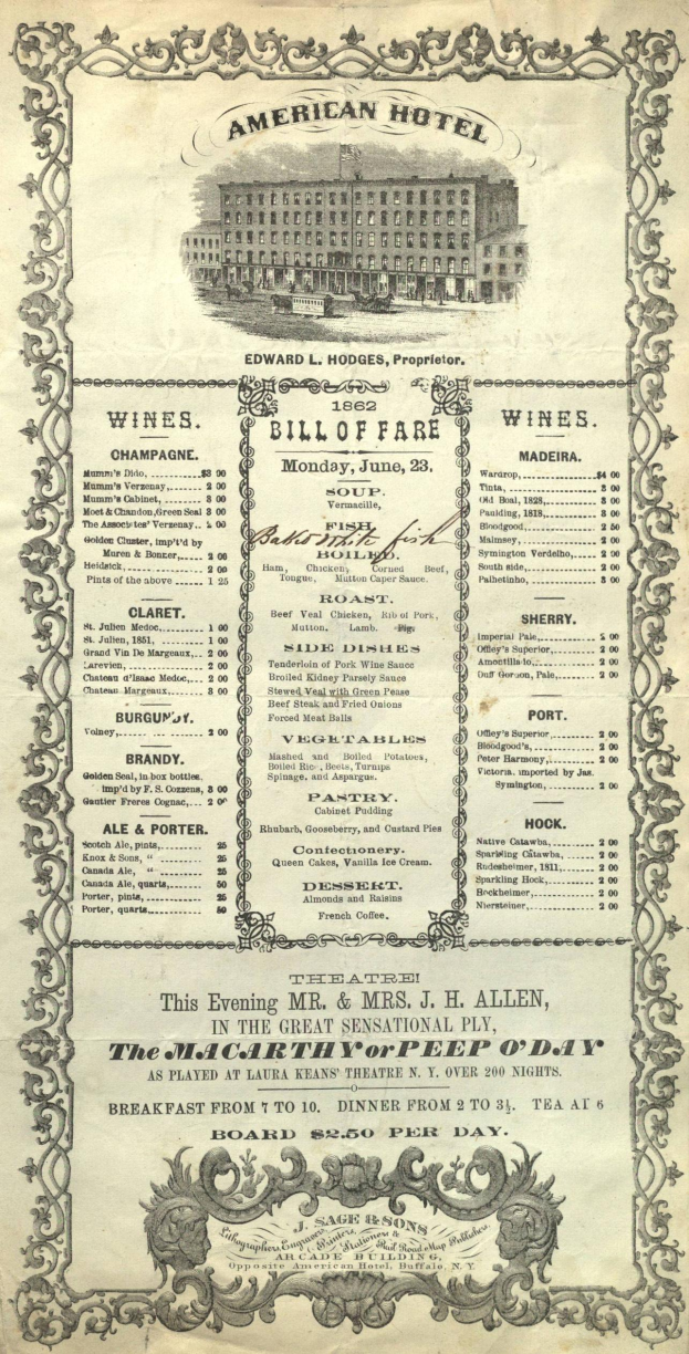Ein altes Buch mit dem Titel "American Hotel Bill of Fare aus dem Jahr 1862", das ein Gebäude auf dem Cover zeigt und die Angebote des Restaurants auflistet.