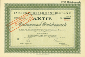 Rahmengestellter internationaler Aktienzertifikat mit rotem Stempel und aufgedrucktem Nennwerttext.